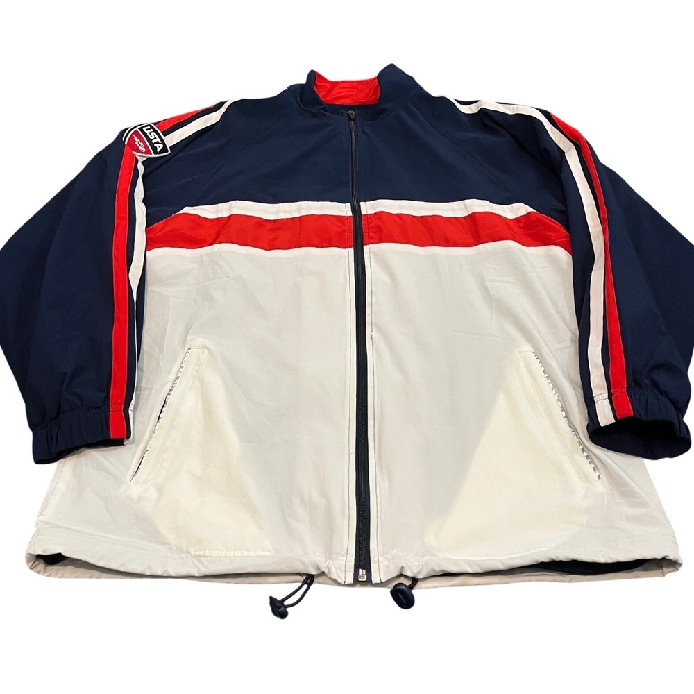 USTA Track Jacket Mens L Blue White Red USA Logo Full Zip Tennis Windbreaker